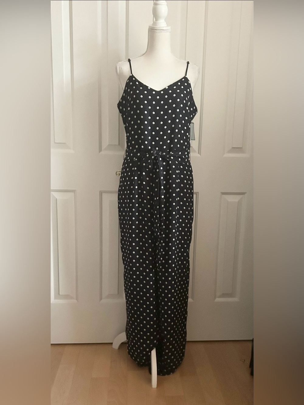 NWT DEBBIE SHUCHAT Polka Dot Spaghetti-Strap Wide-Leg Jumpsuit, Navy & White, 10